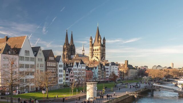 Cologne (Koln) Germany time lapse city skyline at Heumarkt and Rhine River