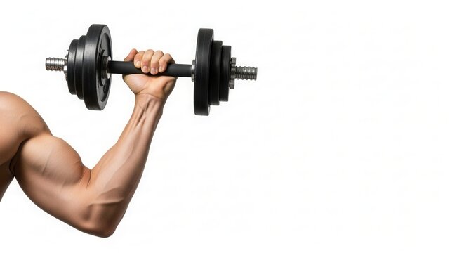 Muscular arm lifting heavy dumbbell during workout