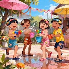A cheerful illustration Songkran festival scene with a joyful childrens vibe in Thailand. splashing water with small colorful water gunswith soft Thai decorations