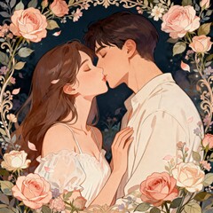 A soft romantic illustration for International Kissing Day, showing a loving couple sharing a gentle kiss. The illustration style is delicate and artistic, with smooth lines and soft shading