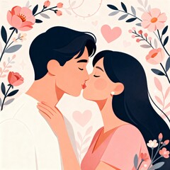 A soft romantic flat illustration for International Kissing Day, featuring a loving couple sharing a gentle kiss. The characters are drawn in a clean, minimal flat illustration style