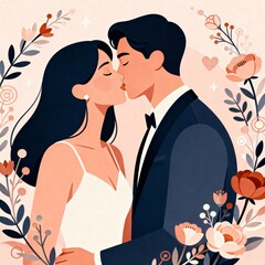 A soft romantic flat illustration for International Kissing Day, featuring a loving couple sharing a gentle kiss. The characters are drawn in a clean, minimal flat illustration style