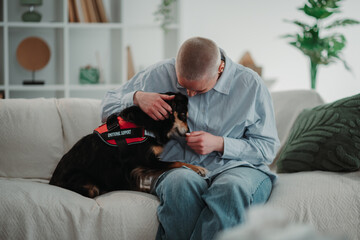 Person petting emotional support dog on couch