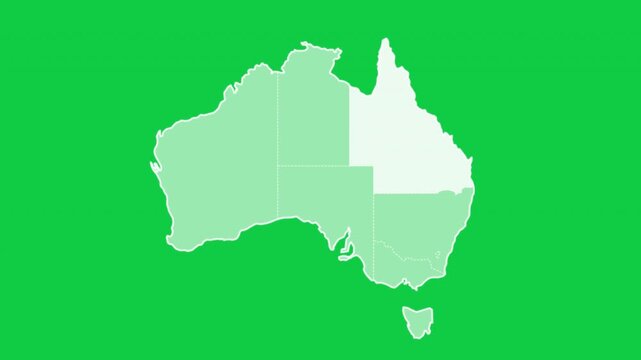 Australia map Queensland highlight with states outline green screen