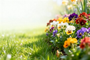 vibrant colorful flowers blooming among lush green grass positioned on the right side of the frame