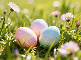 A dreamy Easter spring scene, cinematic macro close-up of fresh green grass and flowers