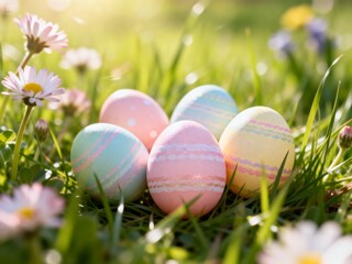 A dreamy Easter spring scene, cinematic macro close-up of fresh green grass