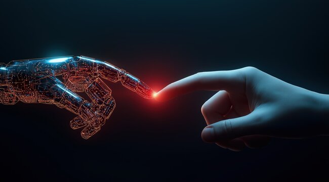 Human hand and robotic hand fingers gently touching, a bright red light marking the point of contact. Representing technology, partnership, and artificial intelligence