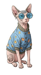 Sphynx Cat Wearing Blue Bomber Jacket with Cute Cat Print Sunglasses and Transparent Background