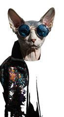 Sphynx Cat Wearing Sunglasses and Glitter Jacket Isolated