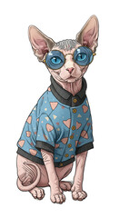 Sphynx Cat Wearing Blue Shirt and Sunglasses Sitting Isolated