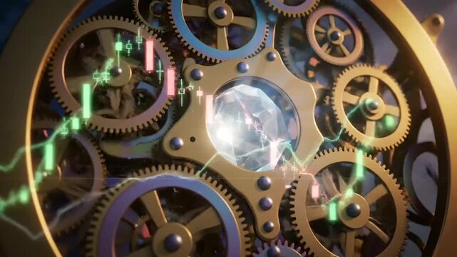 Predictive Market Indicators are intricately displayed on a futuristic clockwork mechanism with glowing financial charts and brilliant crystal elements.