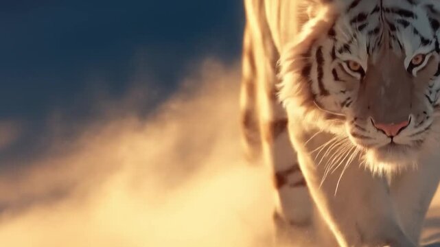 Majestic white tiger walking forward in sunlight with detailed fur