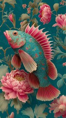 Fototapeta premium Ornate teal fish with pink fins swims among lush pink peonies and foliage