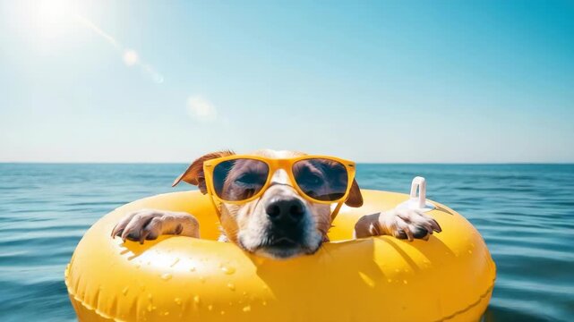 Dog Wearing Sunglasses Floats In Yellow Inflatable Ring In The Ocean On Bright Sunny Day The Clear Blue Sky Calm Water Make It For Summer Vacation Use