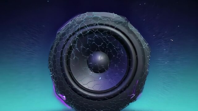 Futuristic speaker amidst flowing abstract blue energy, with shattered effect