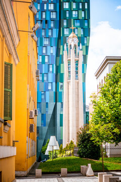 Clock Tower and Alban Tower in Tirana, Albania, vertical format