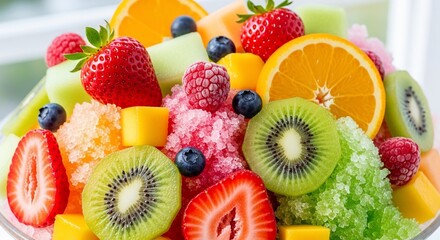 Colorful fruit arrangement with kiwi strawberry orange and other fresh ingredients