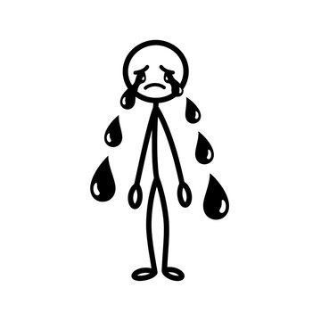 Simple black and white drawing of a sad stick figure crying with tears.