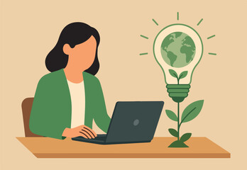 Sustainability business or environmental care in office, ecology company culture or social responsibility strategy, ESG concept, businesswoman working with computer on green sustainable lightbulb.