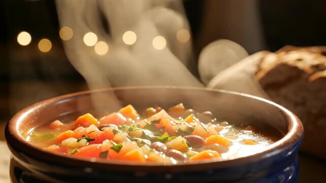 Delicious steaming vegetable soup served in a rustic ceramic bowl with bread.