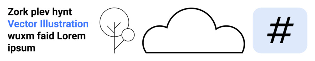 Fototapeta premium Cloud flanked by a simple tree and metadata tag in a minimalist design. Ideal for weather, technology, nature, social media, networking, digital concepts, communication, and simple landing page