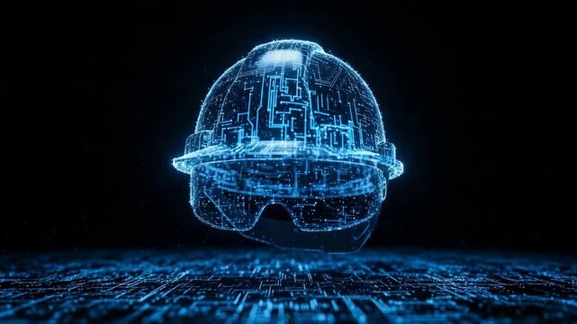 3d Rendered Construction Helmet With Embedded Glasses Floating Against Black Backdrop Illuminated Digital Surface Augmented Reality Tech Its Application Within Construction Engineeri