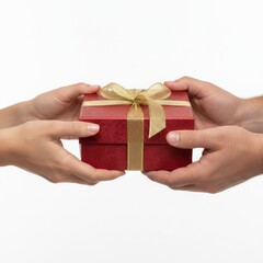 Two people holding a red gift box with a golden ribbon against a white background.