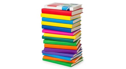 Vibrant stack of colorful books on white background