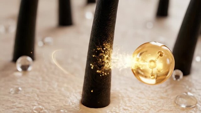 Close-up of a golden molecule encapsulating nutrients on a hair strand, surrounded by water droplets and shimmering particles