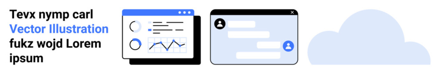 Obraz premium Technology, communication, data storage, online services, interface design, cloud computing. Graphs and chatboxes displayed alongside a cloud icon. Technology and communication illustrated
