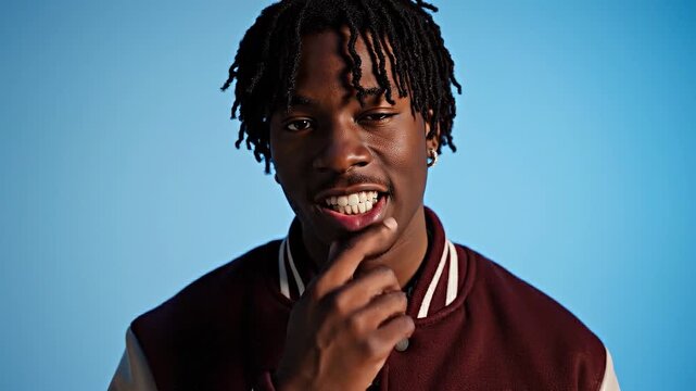 Stylish young Black man wearing a trendy maroon and cream varsity jacket stands confidently in a studio against a bright blue background, showcasing h