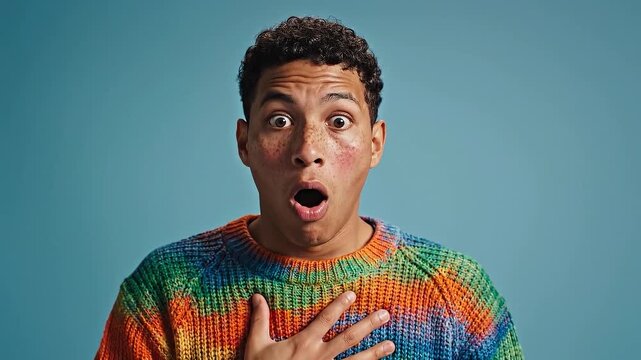 A young man with expressive features and a vibrant rainbow sweater stares at the camera with a shocked expression against a bright blue studio backgro
