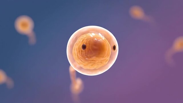 Close-up of a human egg cell being fertilized by sperm, microscopic view of fertilization process, Reproduction and Embryology