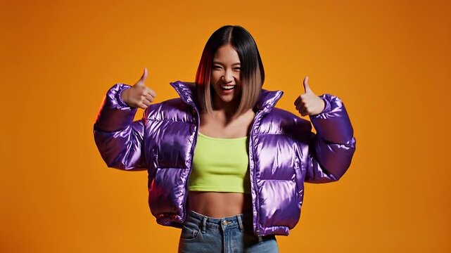 An ecstatic young Asian woman in a bright purple puffer jacket and neon crop top dances vibrantly against an orange studio background, celebrating mod