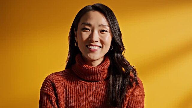 A contemplative East Asian woman wearing a rust-colored turtleneck sweater stands against a vibrant yellow studio background, looking upwards into dir