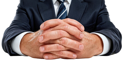 Obraz premium Business Elegance: A distinguished executive, impeccably attired in a tailored suit, clasps hands with an air of professional composure and confidence.