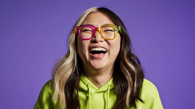 A shocked young Asian woman wearing a bright lime green hoodie and mismatched pink and yellow glasses holds her hands to her head against a vibrant pu