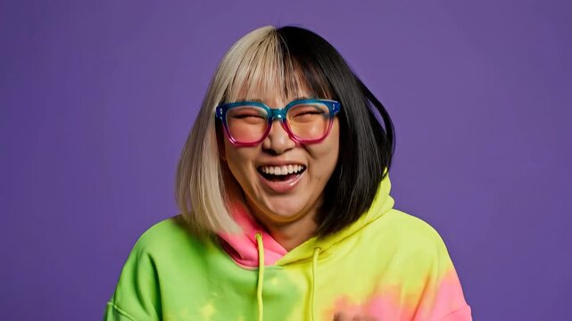 A shocked Asian woman wearing vibrant neon tie-dye streetwear and colorful oversized glasses dramatically holds her head against a bright purple backg