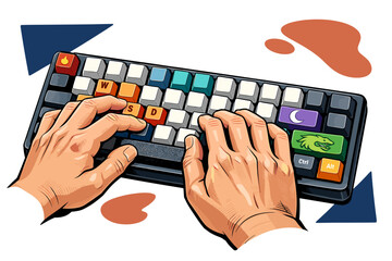 Hands typing on a colorful custom mechanical keyboard.