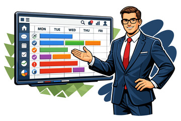 Man in Suit Presents Digital Schedule on Screen.