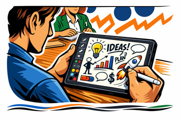 Man drawing business ideas on tablet with colleagues in background.