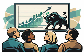 Business team watching stock market bull graph presentation.
