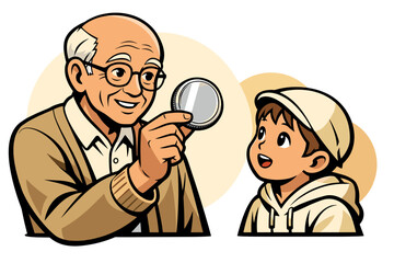 Grandfather shows coin to excited grandson illustration.