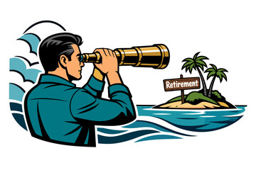 Man Looking Through Telescope Towards Retirement Island.