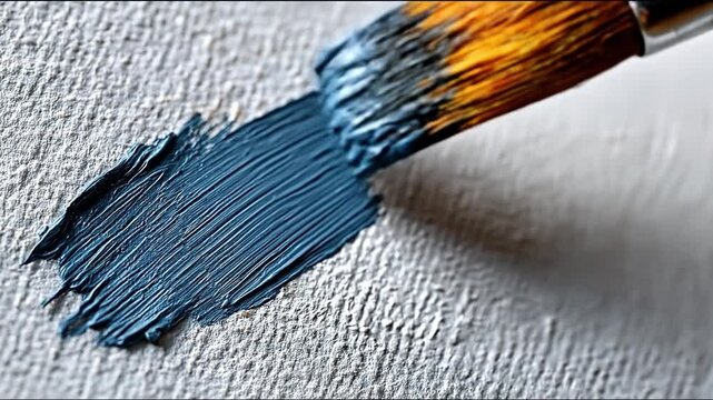 Paintbrush applying dark blue and yellow paint on white canvas surface