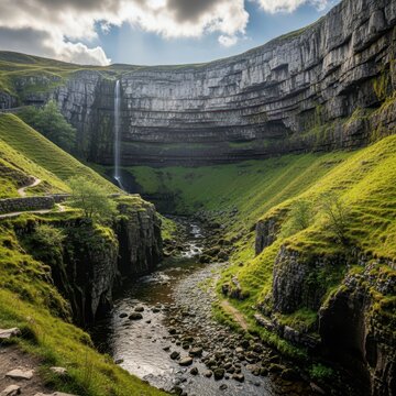 Dramatic Malham Cove Waterfall and Limestone Pavement Landscape.