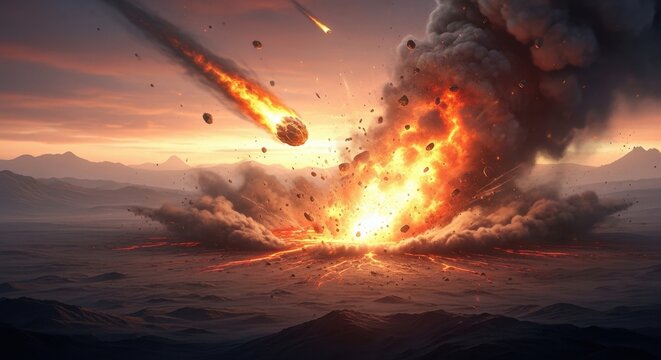 Dramatic Meteor Impact Scene with Fiery Explosion.