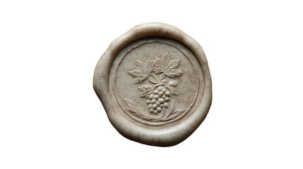 Old-fashioned wax seal with grapes and leaf, a traditional touch of charm on a transparent background.