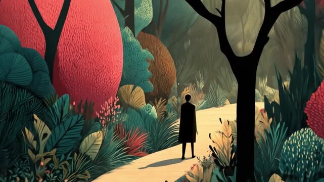 Person walking on path through colorful trees and lush foliage